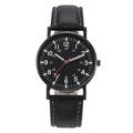 Minimalist men's quartz watch with black leather strap and 12/24-hour dual dial display - Black Watch Only