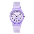 Detail of purple translucent silicone watch with white dial and black Arabic numerals - Purple