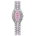 Detailed macro view of an octagonal pink dial watch with silver rhinestones - Watch Only / Silver Strap Pink Dial Watch