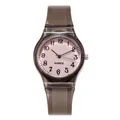 Detailed view of the clear grey silicone strap and white dial with bold black numerals - Brown