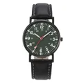 Military style men's quartz watch with dark green dial and black leather strap - Green Single Watch