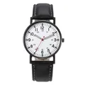 Detail view of quartz watch with white dial, luminous hands and black leather strap - White Watch Only