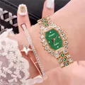 Detailed shot of rose gold octagon watch with green dial and matching crystal bracelet - Watch And Bracelet / Rose Gold Case Green Dial