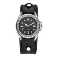 Luxurious women's quartz watch with sparkling rhinestones and wide black leather strap - Black