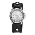 Luxury women's quartz watch with sparkling rhinestones and a wide black leather strap - Black Strap White Dial