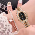 Elegant gold quartz watch set with black hexagonal dial and sparkling rhinestone bracelet - Watch + Bracelet Set / Silver Black Dial