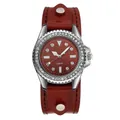 Detail of red leather watch strap with rivets and sparkling diamond-set bezel - Red