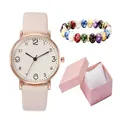 Coffret montre femme avec bracelet en cuir rose, gourmette et boîte cadeau élégante - Montre Et Bracelet Et Boîte / Poche zippée
