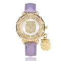 Gold owl watch with purple glitter strap and crystal bezel, featuring a matching owl pendant - Purple