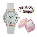Montre à quartz pour femme avec bracelet en cuir gris et bracelet de perles colorées - Montre Et Bracelet Et Boîte / Bleu