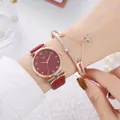 Elegant women's watch and bracelet set with rose gold case and red leather strap - Red + Bracelet