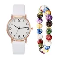 Minimalist white leather watch with rose gold case and colorful beaded bracelet set - Watch And Bracelet / White