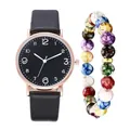 Montre à quartz minimaliste pour femme avec bracelet en cuir noir et bracelet à perles - Montre Et Bracelet / Noir