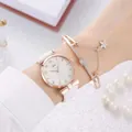 Elegant white leather ladies watch set with rose gold star bracelet and starry dial texture - White Watch + Bracelet