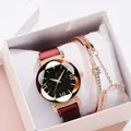 Women's starry sky watch set with rose gold magnetic mesh band and rhinestone star bracelet - Watch Bracelet And Box / Red