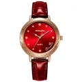 Women's rose gold watch with deep red dial and crocodile embossed leather strap - Red