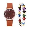 Detail of a brown leather strap watch set with a matching colorful beaded bracelet set - Watch And Bracelet / Brown