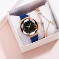 Detail of starry blue dial watch and rhinestone star bracelet in gift packaging - Watch Bracelet And Box / Blue