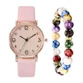 Close-up of pink leather watch set with matching multi-colored beaded bracelet - Watch And Bracelet / Pink