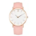 Minimalist women's quartz watch with pink leather strap and rose gold round metal case - Pink