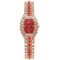 Detail of rose gold octagonal watch with red glitter dial and crystal encrusted band - Watch Only / Rose Gold Red Dial