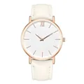 Minimalist quartz watch with white leather strap and rose gold case on white background - White