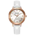 Elegant women's quartz watch with white leather strap and rose gold rhinestone dial - White