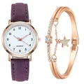 Elegante orologio al quarzo oro rosa con cinturino in pelle viola e bracciale con stella - Viola + Bracciale