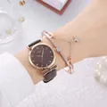 Close-up of elegant rose gold watch with brown leather strap and matching star bracelet - Brown + Bracelet