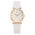 Macro shot of rose gold watch case and white leather strap with sunburst flower dial - White Watch Only