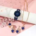 Elegant 5-piece women's set featuring a blue leather watch and sapphire-style jewelry - Blue Set