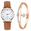 Dettagli dell'orologio al quarzo oro rosa con cinturino opaco e bracciale a stella coordinato - Marrone + Braccialetto