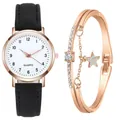 Dettaglio dell'elegante orologio al quarzo nero e del bracciale a stella in oro rosa - Nero + Bracciale