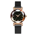 Women's starry sky watch with rose gold case, Roman numerals and black Milanese band - Watch Only / Black