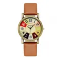 Retro quartz watch with brown leather strap and colorful dial disk with bronze case - Brown