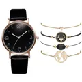 Set orologio al quarzo minimalista con cinturino in pelle nera e quattro bracciali - Nero Con Bracciali