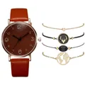 Orologio al quarzo da donna con cinturino in pelle marrone e 4 bracciali boho dorati - Marrone Con Bracciali