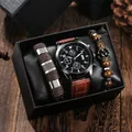 Set regalo uomo con orologio in pelle marrone, bracciale con perline e rigido intrecciato - Marrone + Braccialetto + Scatola