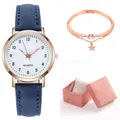 Orologio da donna al quarzo con cinturino blu e bracciale stella oro rosa con box - Blu + Bracciale + Scatola