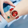 Damen Quarzuhr mit rotem Farbverlauf Zifferblatt, Strass Lünette und passendes Armband - Uhr und Armband / Rot