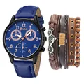 Orologio al quarzo da uomo con cinturino in pelle blu e set di bracciali stile punk - Senza Scatola / Cinturino Blu Cassa Nera