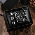 Set orologio al quarzo da uomo con quadrante nero luminoso e due bracciali eleganti - Nero + Bracciale + Scatola