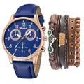 Set orologio da uomo con cinturino in pelle blu e bracciali punk da bici vintage - Senza Scatola / Cinturino Blu Cassa Oro Rosa