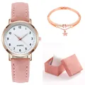 Set orologio al quarzo in pelle rosa opaca con bracciale a stella in oro rosa - Rosa + Braccialetto + Scatola