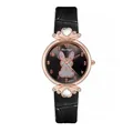 Detail of rose gold watch case featuring rhinestone hearts and a crystal bunny on dial - Black Watch Only