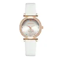 Detail of a rose gold watch with rhinestone bezel and white crocodile leather strap - Watch Only / White