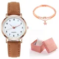 Orologio al quarzo da donna con cinturino marrone e bracciale a stella in scatola regalo - Marrone + Braccialetto + Scatola