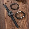 Set orologio al quarzo da uomo con cinturino in pelle nera e due bracciali di moda - Nero + Bracciale
