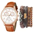 Orologio al quarzo uomo con cinturino in pelle marrone e set di 5 bracciali punk - Senza Scatola / Cinturino Marrone Cassa Oro Rosa Quadrante Bianco