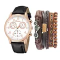 Set orologio al quarzo da uomo con cinturino in pelle nera e braccialetti vintage con bici - Senza Scatola / Cinturino Nero Cassa Oro Rosa Quadrante Bianco